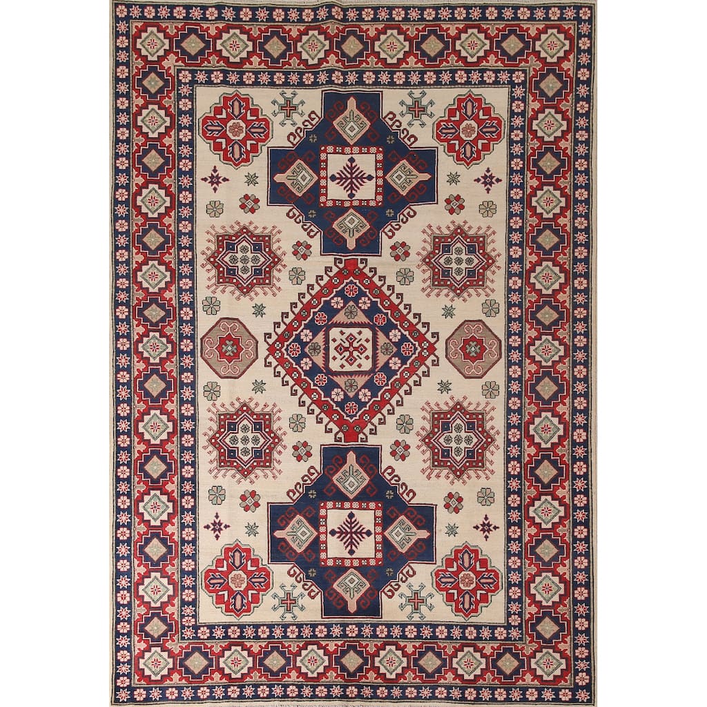 Ivory Geometric Kazak Area Rug Handmade Wool Carpet - 6'8" x 9'6"