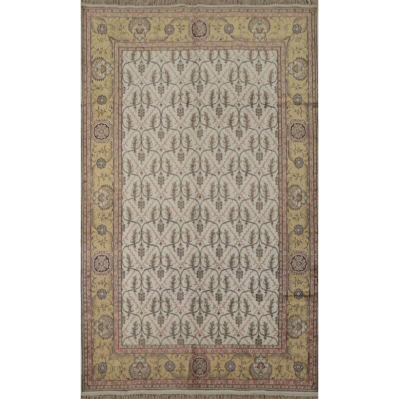 Hand Knotted Oriental Silk Carpet Traditional Floral Beige & Ivories Kashmir Area Rug - 8' 11'' X 6' 1''