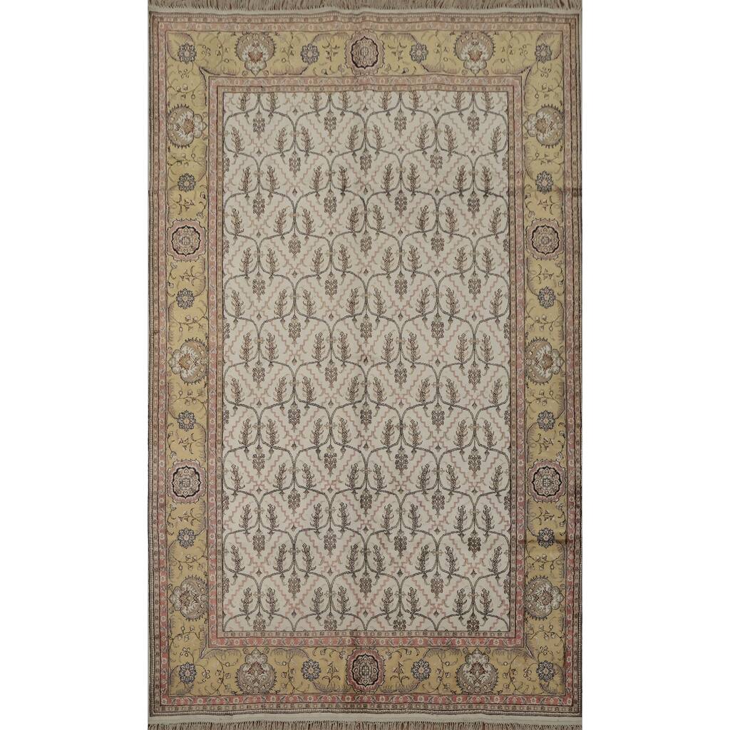 Hand Knotted Oriental Silk Carpet Traditional Floral Beige & Ivories Kashmir Area Rug - 8' 11'' X 6' 1''