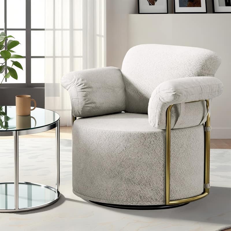 Modern Swivel Boucle Accent Chair Lounge Chair with Gold Metal Base - Beige