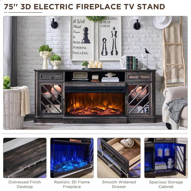 Farmhouse TV Stand with 3-Sided Fireplace, Entertainment Center