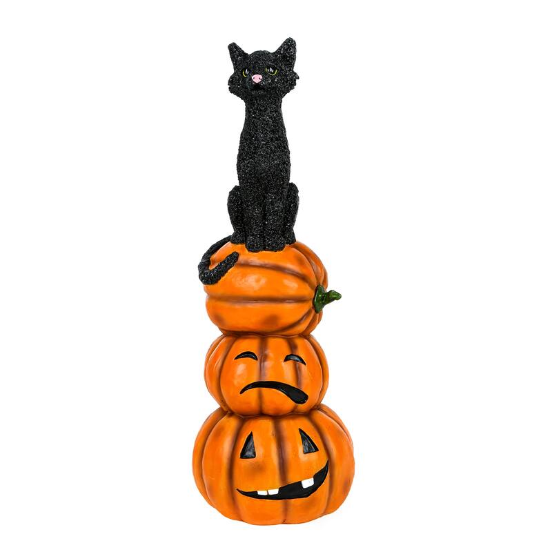 National Tree Company Halloween Tabletop Decoration, Black, Black Cat with Pumpkin Stack, 32 Inches