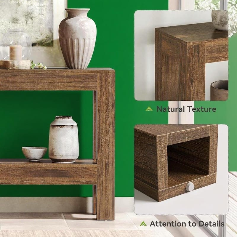 Brown MDF Console Table with 2-Tier Shelf and Rustic Entryway Design - 62.99” L x 13.78” W x 33.46” H
