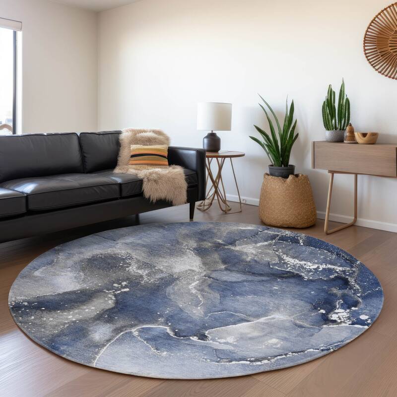 Premium Washable Super Soft Abstract Contemporary Mayfield Rug - Navy - 8' x 8' - Round