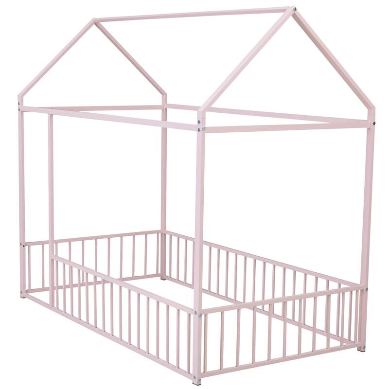 Pink Twin Size Metal House Bed Frame with Fence for Kids & Teens - Play & Sleep Design