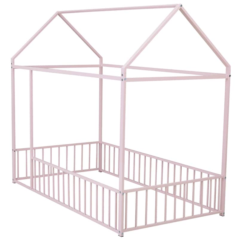 Twin Size Metal Bed House Bed Frame with Fence, for Kids, Teens, Girls, Boys