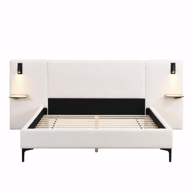 Chic Bouclé Upholstered Bed with Integrated Lighting and Shelves
