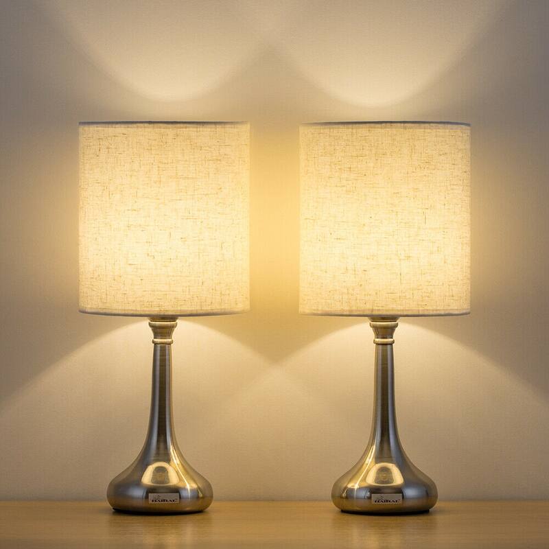 Oumilen Bedside Lamp Sets with Fabric Shade, Silver, 2-Pieces