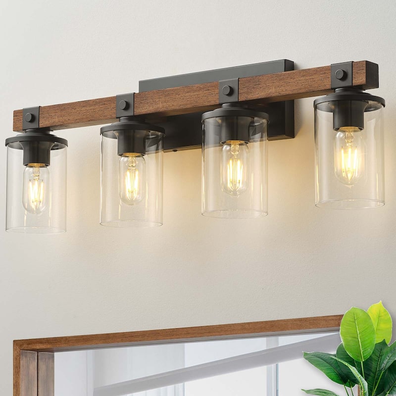 Starsky 2/3/4-Light Modern Farmhouse Dimmable Bathroom Glass Vanity Light with Clear Cylinder Shade - 27.55''-4Light - Brown Wood
