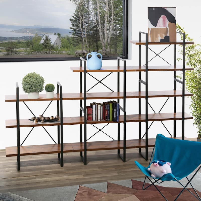 Orli Adjustable Antique Walnut Wood and Metal Display and Steel Etagere Bookcase - Left - 71'' x 106'' x 12.56'' - 71'' x 106'' x 12.56'' - Antique Walnut
