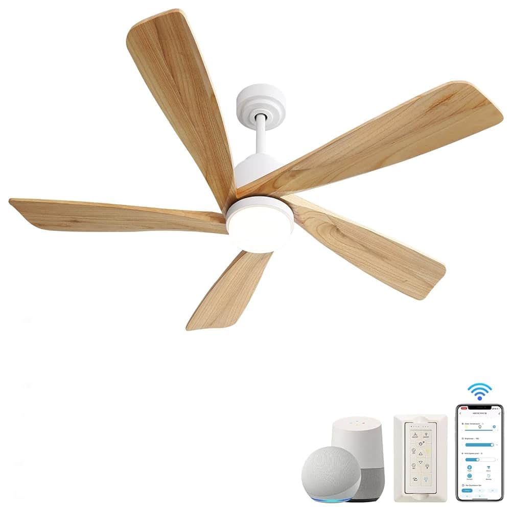 52 Inch Ceiling Fan With Dimmable LED Light 5 Solid Wood Blades Smart Remote Control Reversible DC Motor Ceiling Fan