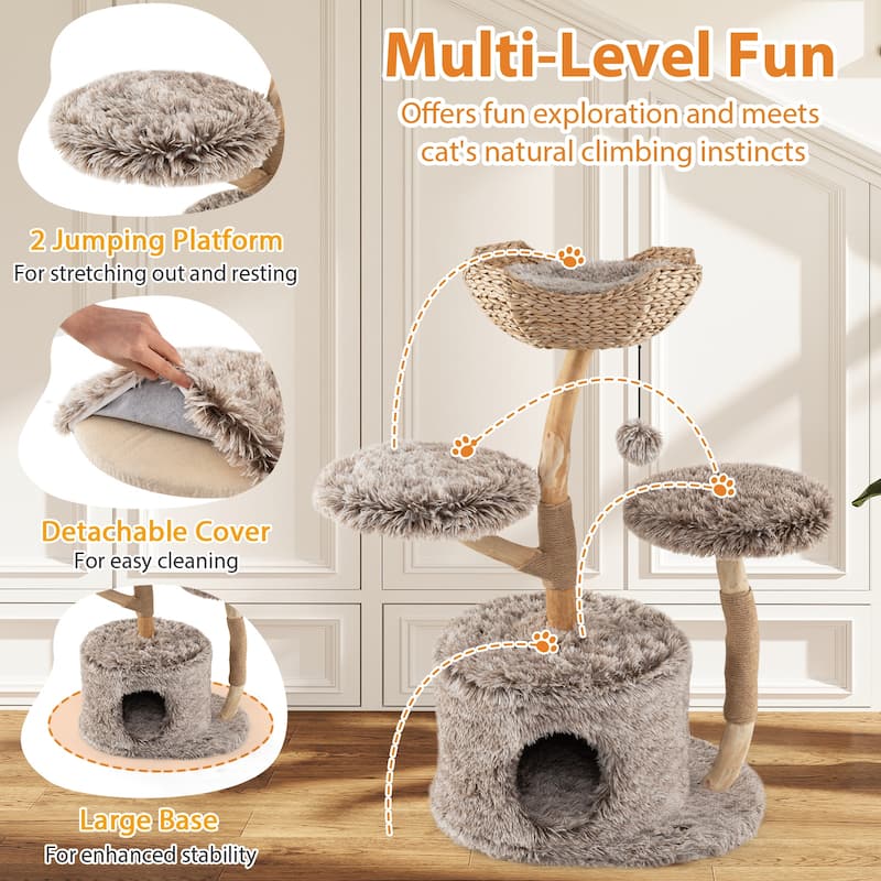 Grey 4-Tier Cat Activity Center with Plush Perch and Condo Hideout and Jute Scratching Posts - 23.5" x 41.5"