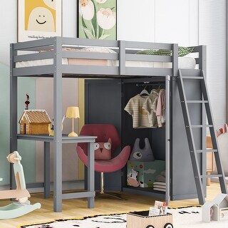 Twin Size Storage Loft Bed with Wardrobe, Wooden Bed with Desk, Kid's Bed with Ladder and Guardrail for Bedroom, Gray
