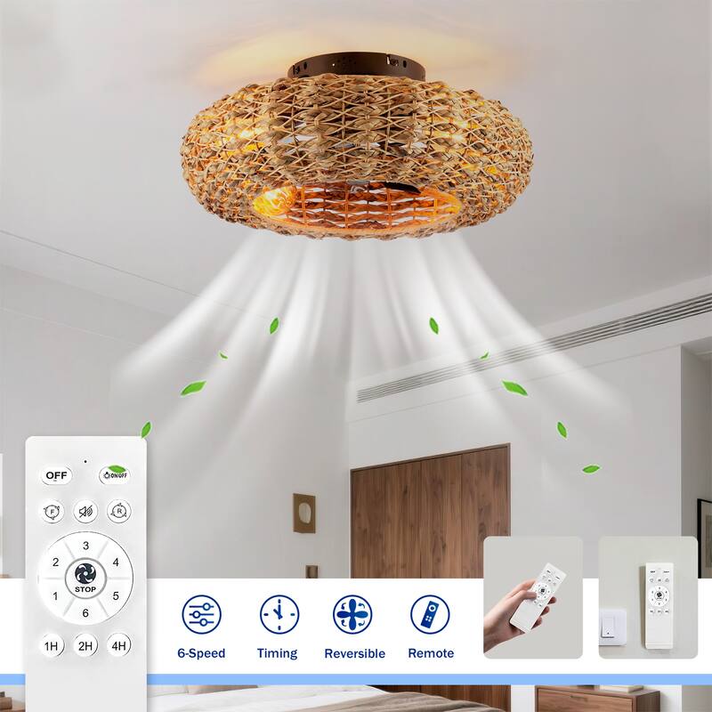 20 inch Flush Mount Ceiling Fan Light with Remote Caged Farmhouse Fandelier Black Wood Low Profile