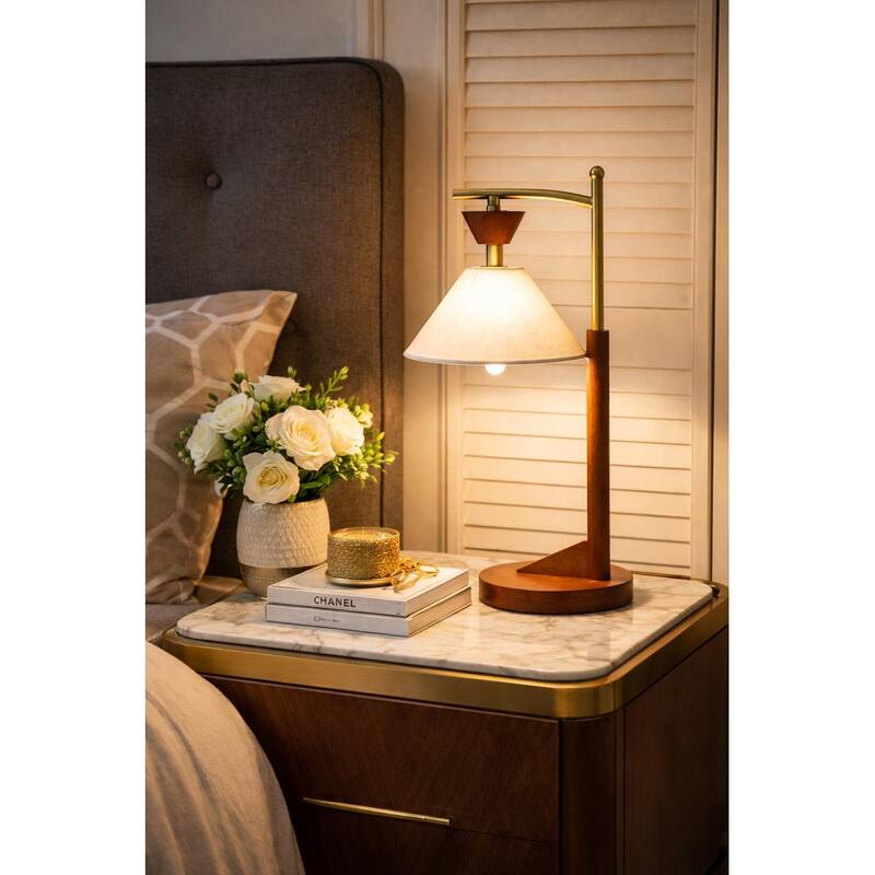 Lorient Wood and Linen Table Lamp with Brushed Gold Accents - Walnut