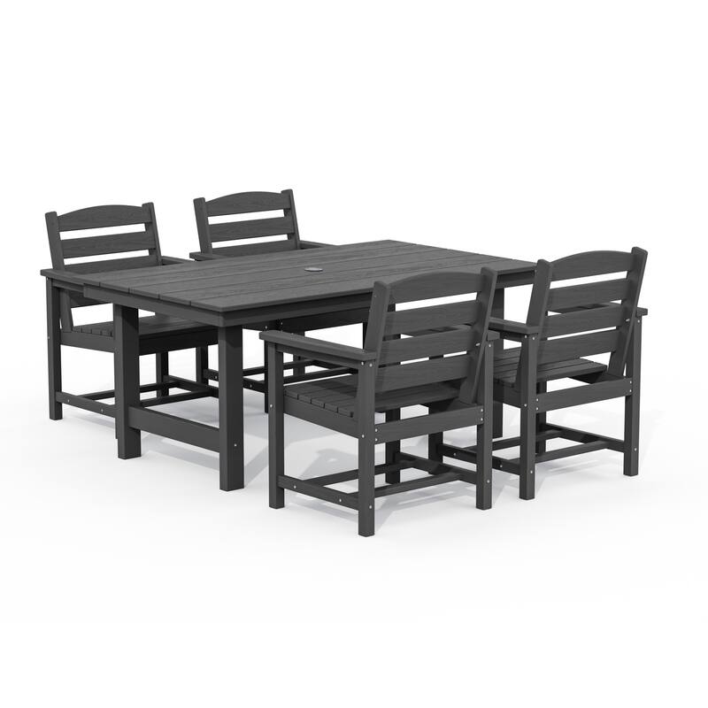 5-Piece HDPE Outdoor Dining Table Sets with Umbrella Hole - 1-Table 4-Chairs - Grey