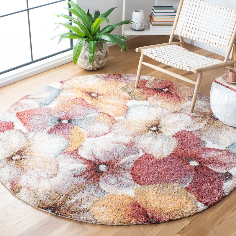SAFAVIEH Calista Shag Marileen Abstract 1-inch Thick Rug - 6'7" Round - Ivory/Rust
