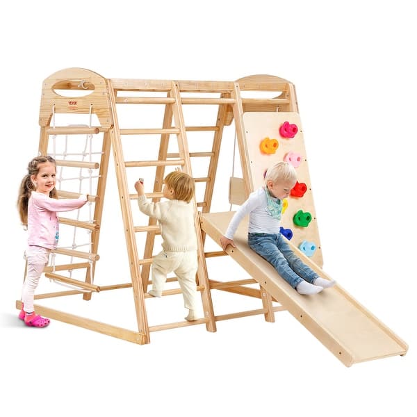 slide 2 of 8, VEVOR Indoor Jungle Gym Toddler Indoor Playground, Wooden Toddler Climbing Toys Indoor 43 x 47.2 x 47in