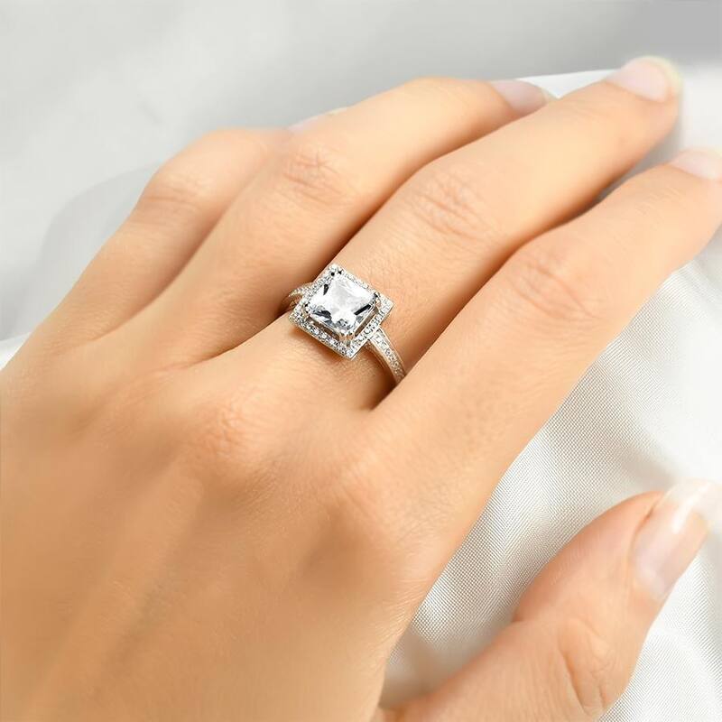 Sterling Silver 2.50 Carat Bridal Engagement Ring Princess Cut Halo