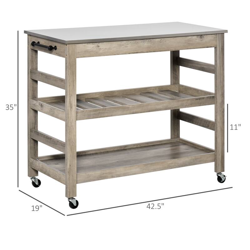 HOMCOM Kitchen Cart Rolling Kitchen Island Utility Trolley with Stainless Steel Top & Storage Wine Rack - 42.5"W x 19"D x 35"H