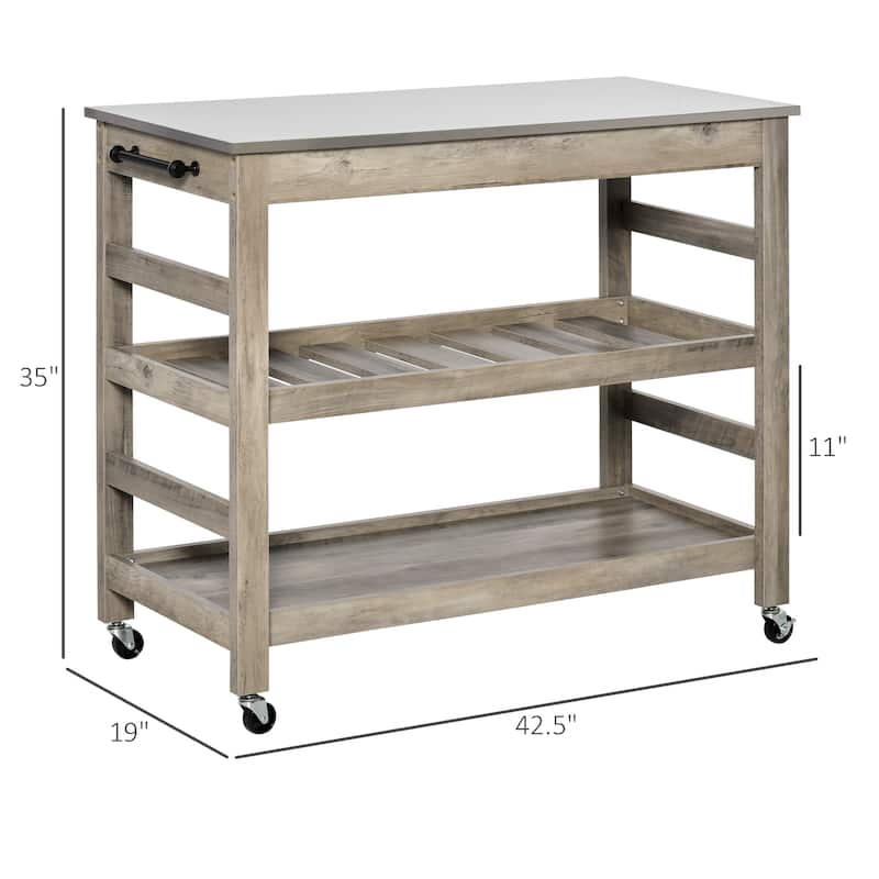 Rolling Kitchen Cart with Stainless Steel Countertop, 1 Bottom Shelf, 1 Slotted Middle Shelf and 4 Castor Wheels