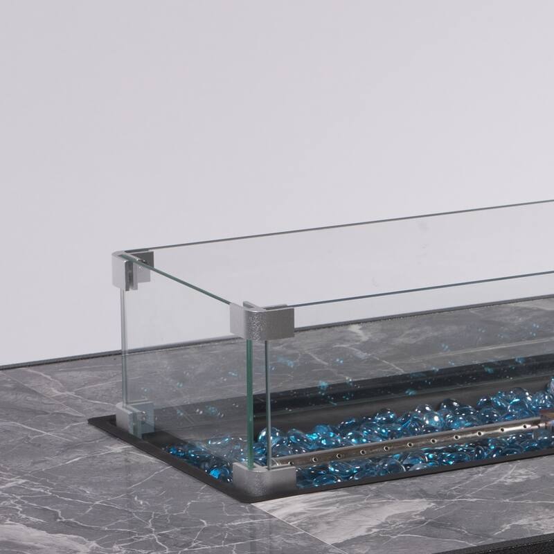 GDFStudio - Callahan 42" Steel Outdoor Fire Pit Table with Marble Tile Top, Glass Wind Guard & 50,000 BTU Flame