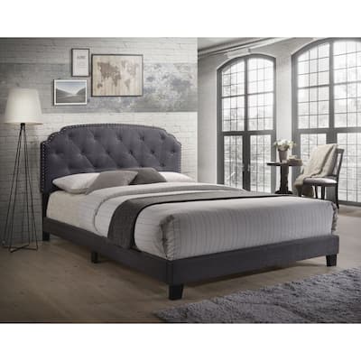Queen Size Upholstered Panel Bed with Nailhead Trim and Arched Headboard