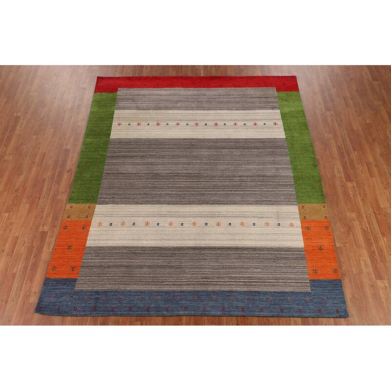 Striped Gabbeh Indian Area Rug Handmade Multi-Color Wool Carpet - 8'1"x 9'7"