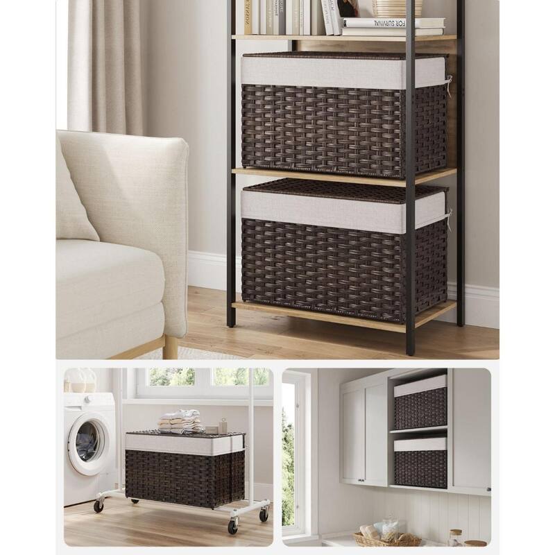Portable Wicker Basket with Lid Waterproof Foldable Laundry Hamper with Washable Liner and Cut-Out Handles