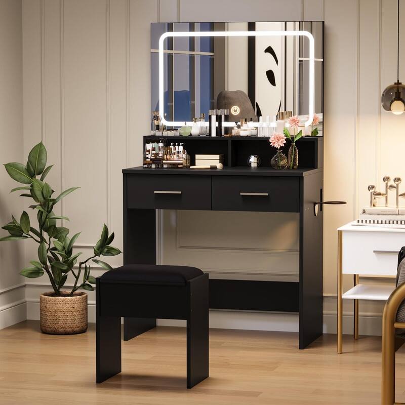 Makeup Vanity Table with LED Mirror, Stool, Power Outlets, 2 Drawers & Storage