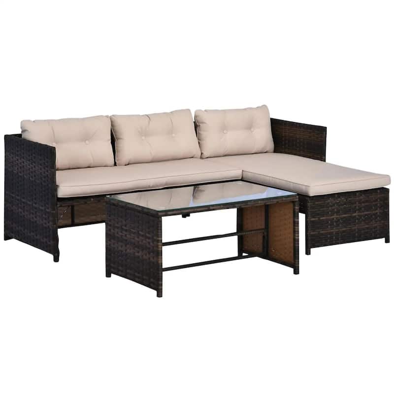 3PC PE Rattan Sectional Set, Chaise Loveseat Ottoman, Deep Cushion