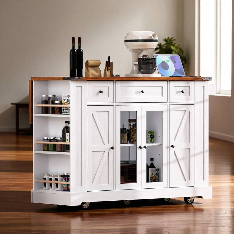 53" Farmhouse Kitchen Island with Drop Leaf & Power Outlet, Rolling Kitchen Cart with Glass Doors, 5 Side Racks & 3 Drawers - White