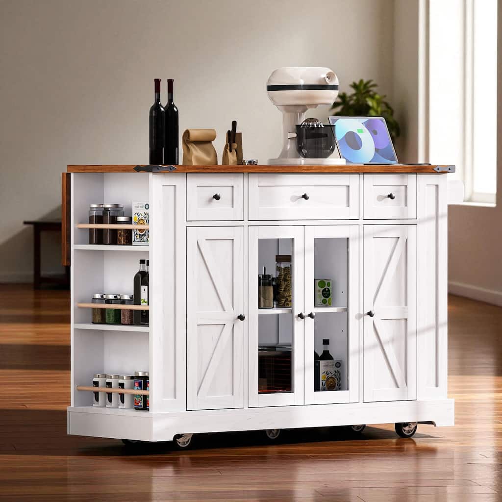53" Farmhouse Kitchen Island with Drop Leaf & Power Outlet, Rolling Kitchen Cart with Glass Doors, 5 Side Racks & 3 Drawers