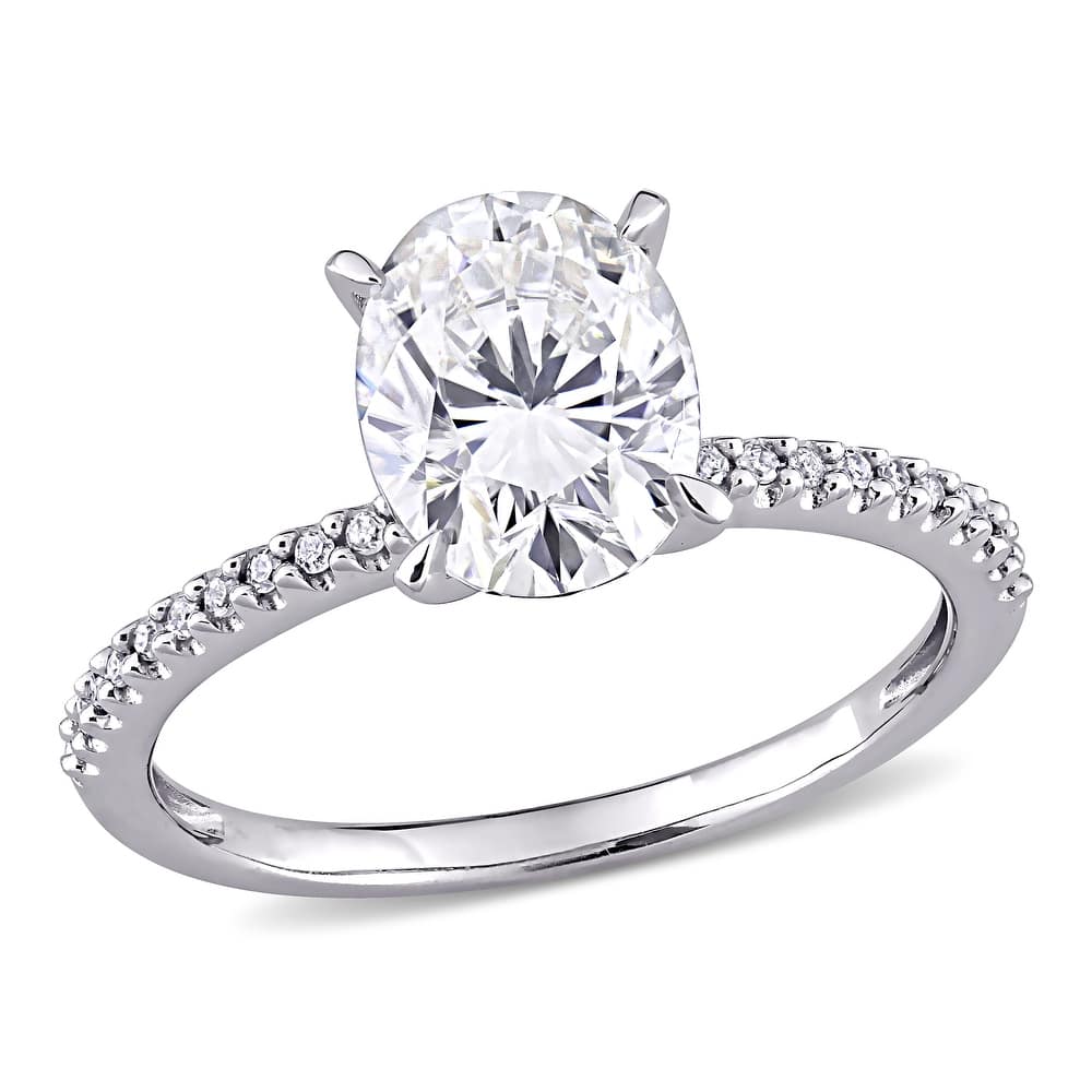 Miadora 2ct DEW Oval-cut Moissanite and 1/10ct TDW Diamond Engagement Ring in 14k White Gold