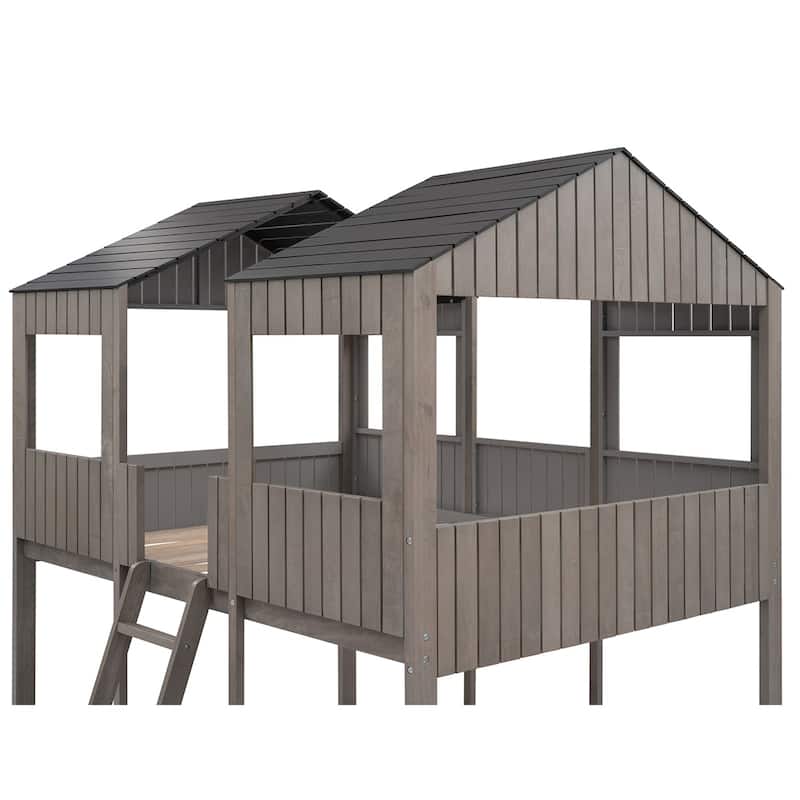 Merax Full over Full Wood Tower Bunk Bed with Roof