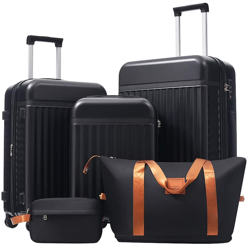Luggage Set 5 Piece, Hardside Carry on Suitcase , Expandable Luggage with Travel Bags Spinner Wheels TSA Lock - Black