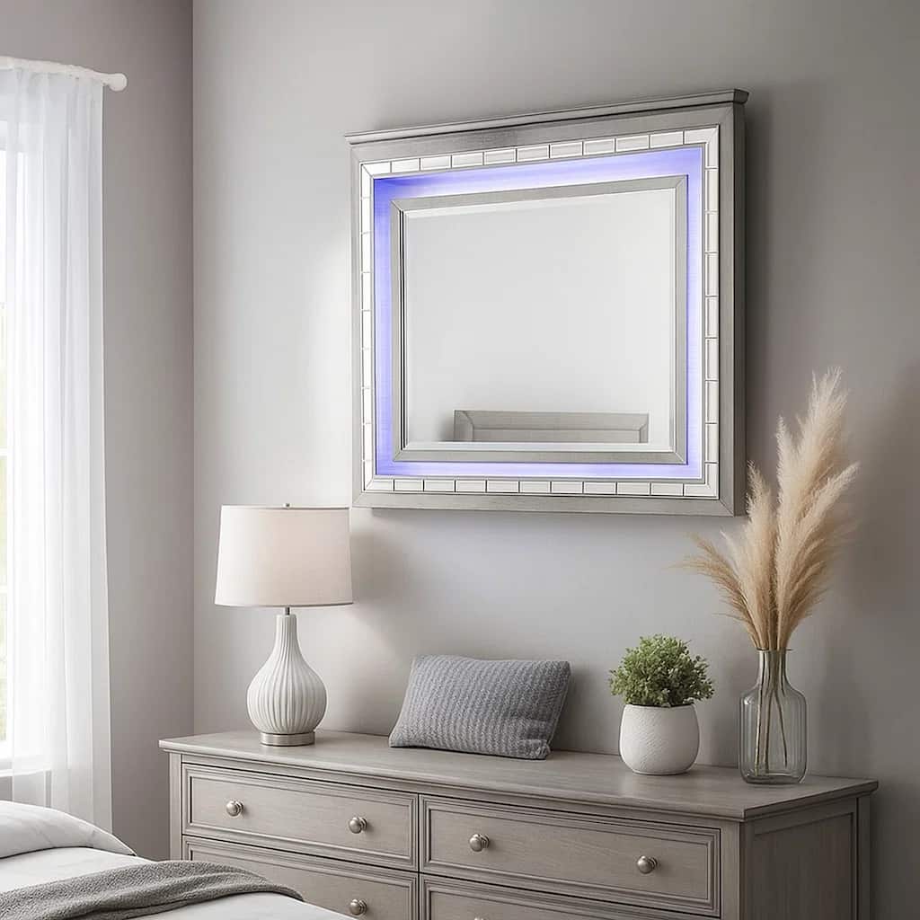 48 Inch Wood Mirror, LED, Mirrored Trim, Landscape, Light Gray