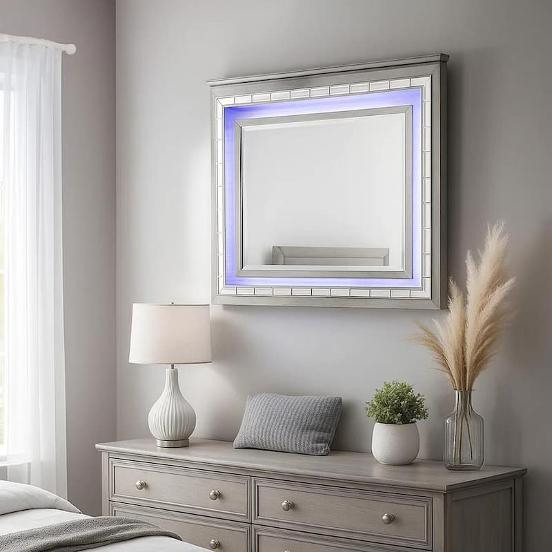 48 Inch Wood Mirror, LED, Mirrored Trim, Landscape, Light Gray
