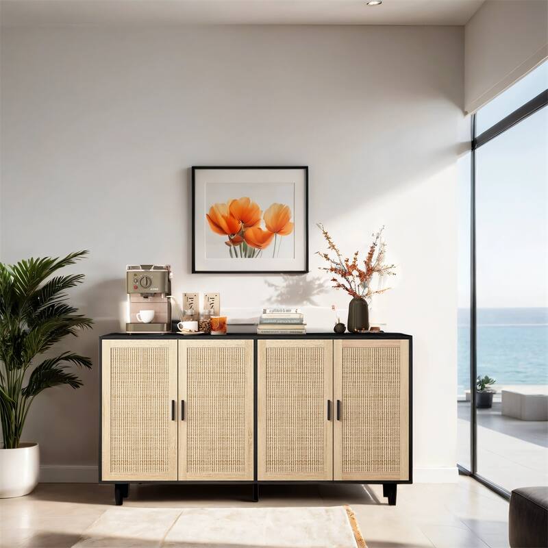62.20" Elegant and Functional 4-Door Rattan Decorative Storage Cabinet
