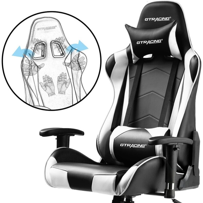 Lucklife White Gaming Chair Racing Office Computer Ergonomic Leather Game Chair with Headrest and Lumbar Pillow Esports Chair