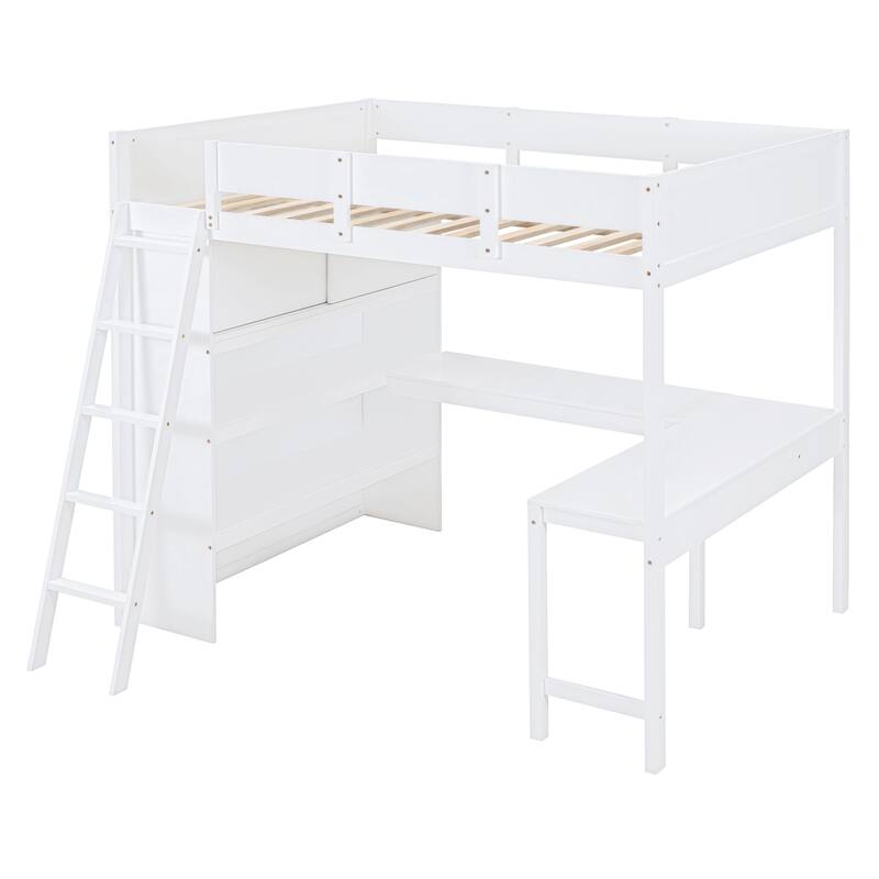 Full Size Loft Bed with Desk and Shelves in White/Gray