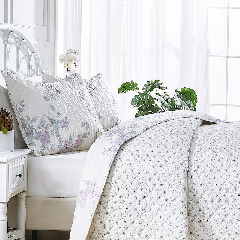 Floral Stripe Printed Prewashed Percale Cotton Quilt Set