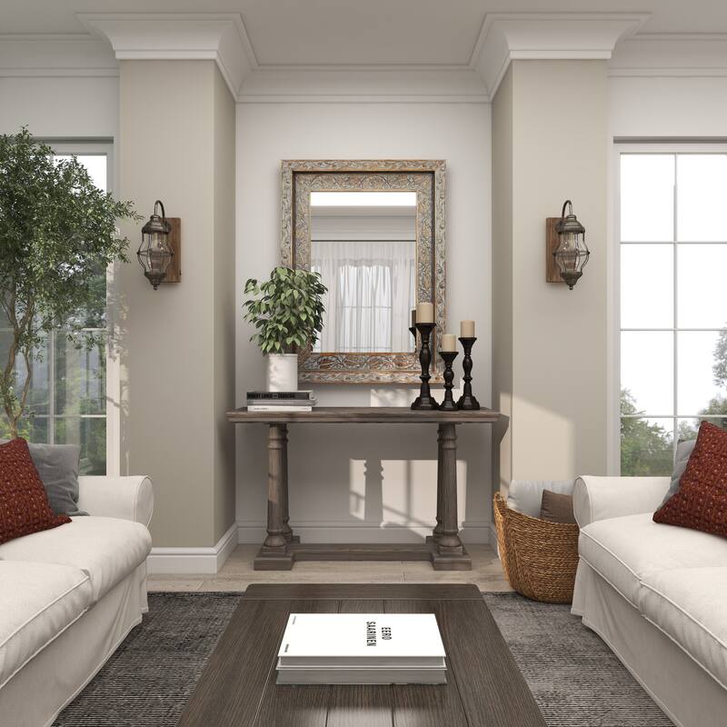 Light Brown Wooden Whitewashed Distressed Turned Console Table