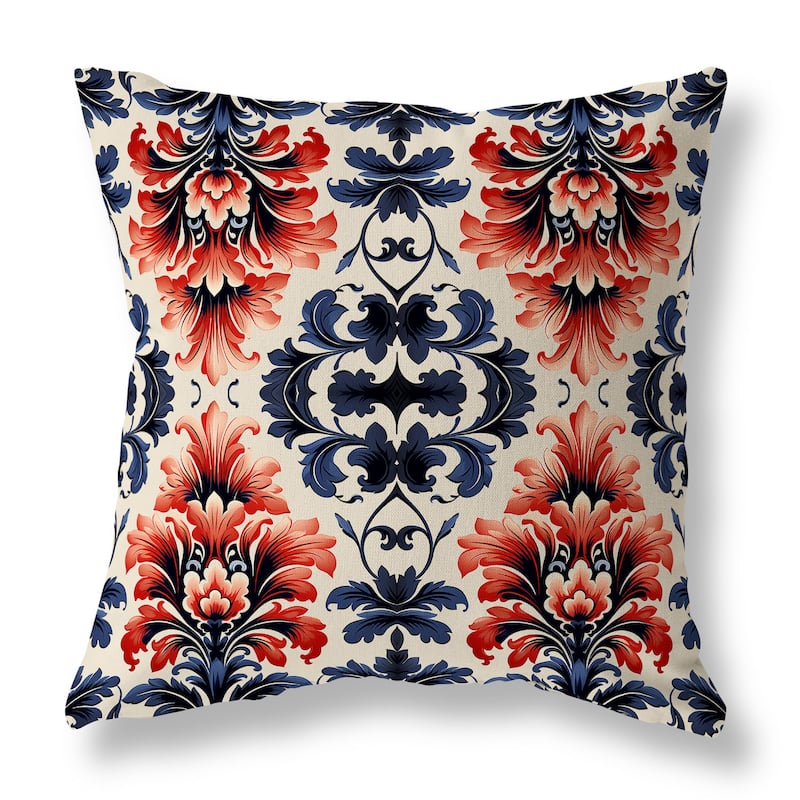 Grey And Red Damask Rapture Indoor/Outdoor Throw Pillow Zipper
