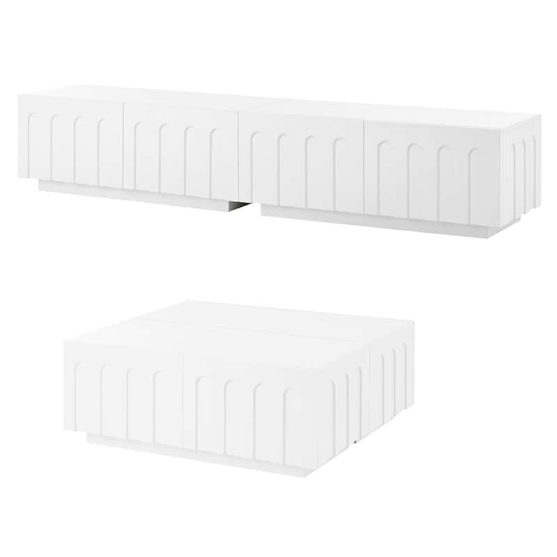 Tv Stand & Coffee Table With Drawers,Set Of 2,Media Console With Arched Design For Tvs Up To 80"