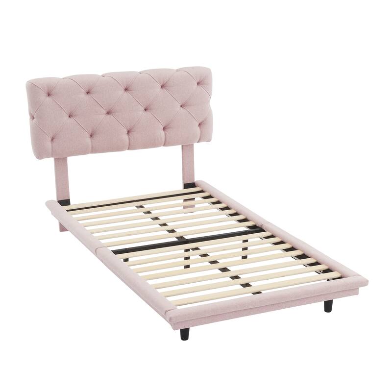 Roomfitters Twin Size Upholstered Bed with Light Stripe, Floating Platform Bed, Linen Fabric