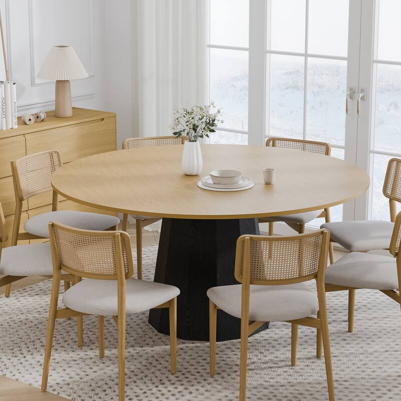 Solid Wood Round Dining Table Kitchen Table with Tabletop and Tapered Base for Living/Dining Room Coffee Office - 60 in.W x 30 in.H - Natural+Black