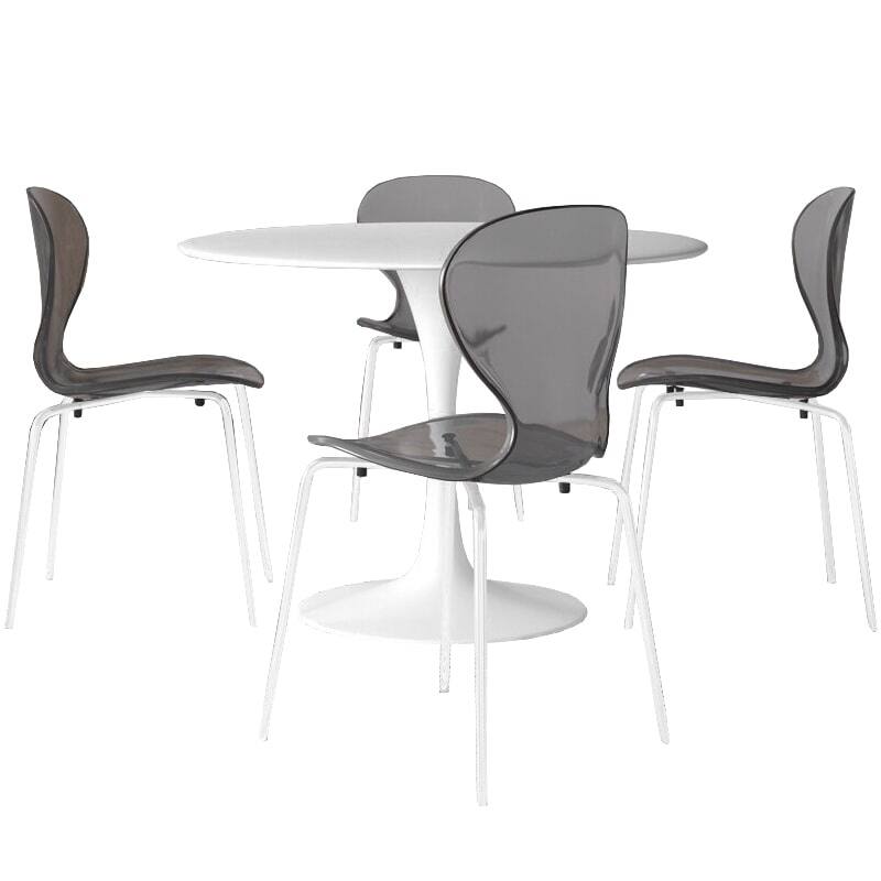 5-Piece Dining Set with 35-Inch Round Dining Table and 4 Side Chairs in White Stainless Steel - Transparent Black