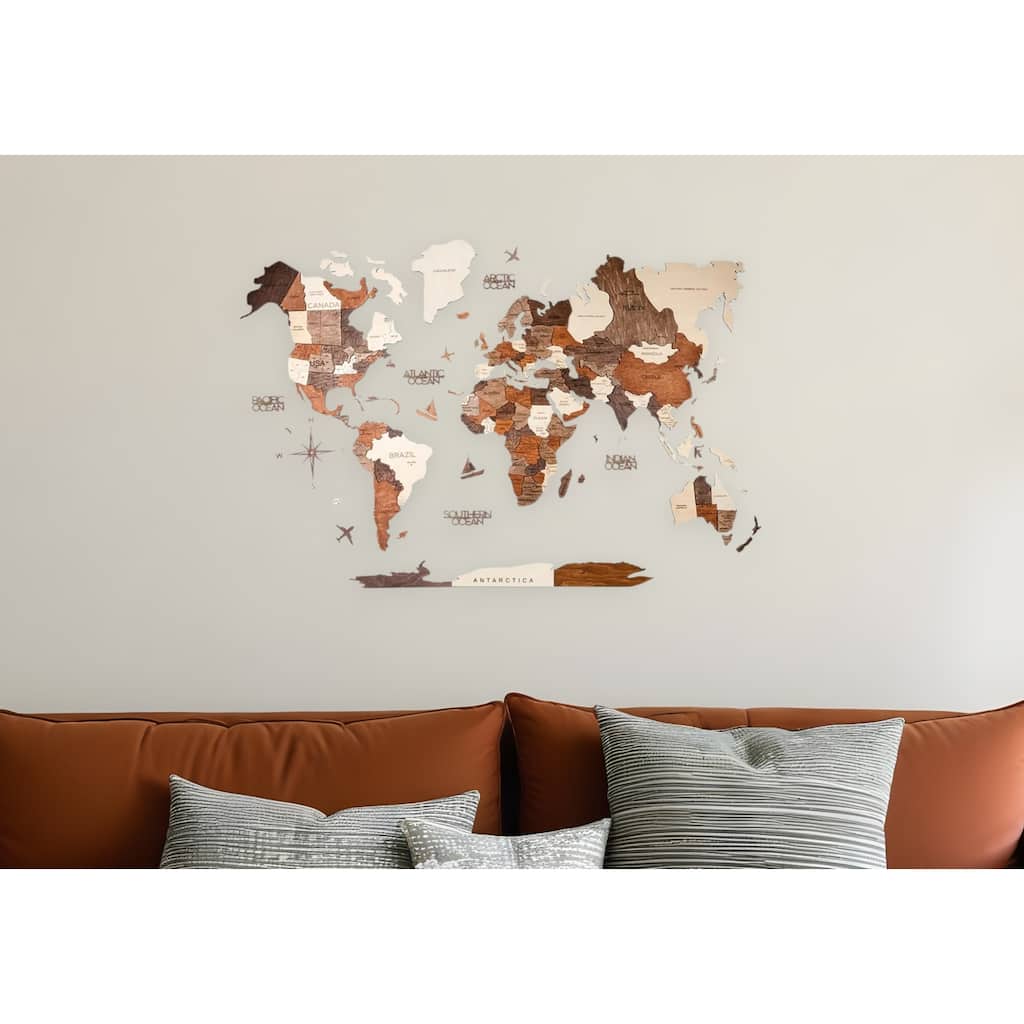 HomeRoots 24" X 39" Brown and Beige Wood World Map Hanging Dimensional Sculpture