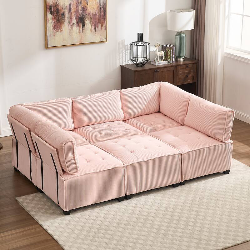 Ergonomic Lounge Modular Couch Corduroy Sectional Sofa with Deep Seat Ottoman Chaise and High-Rebound Thick Cushions